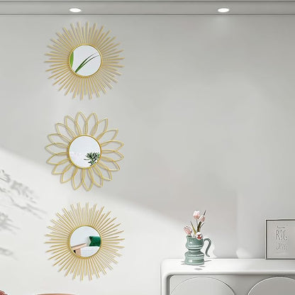 3 Pack Metal Mirrors for Wall Sunburst Wall Mirrors Home Décor Decorative Hanging Wall Art for Living Room Bedroom Entryway (Gold2, Flower+Sunburst)
