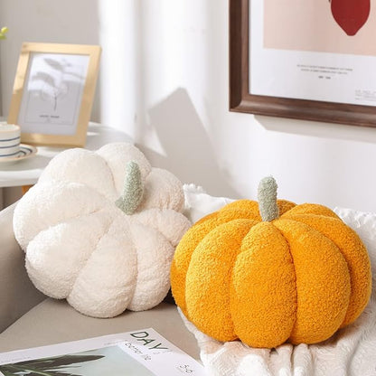 Kajaia 2 Pcs Simulated Pumpkin Plush Pillow 11 x 9.5 Inch 3D Cushion Fall Decorations Stuffed Throw Pillows Toy for Fall Halloween Thanksgiving Bedroom Sofa Couch Supplies (White,Yellow)