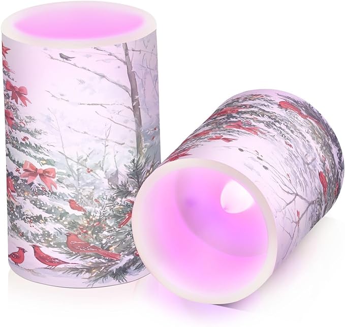 ALAZA Flickering Flameless Candles with Christmas Tree Red Birds Battery Operated with Remote Timer,Tea Light Candles LED Pillar Votive Candles Set of 2 for Outdoor Indoor Decorations