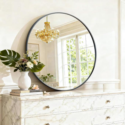 Round Wall Mirror 24 Inch Black Vanity Mirror with Metal Frame, Modern Circle for Bathroom, Entryway, Bedroom, Living Room, Wall Mounted Decorative Mirrors