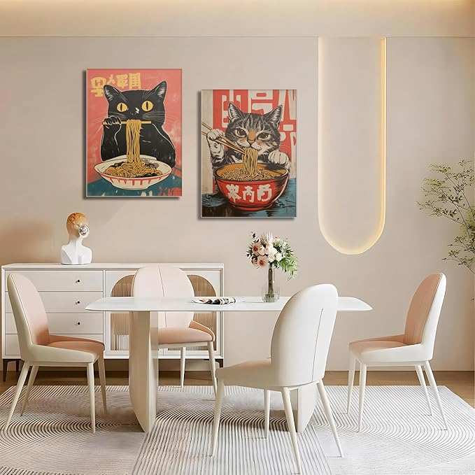 Framed Funny Black Cat Canvas Wall Art Set of 2, Vintage Japanese Cat Eating Ramen Poster, Unique Gifts and Animal Lover Printing Picture for Living Room Kitchen Dining Room Wall Decor 12x16in