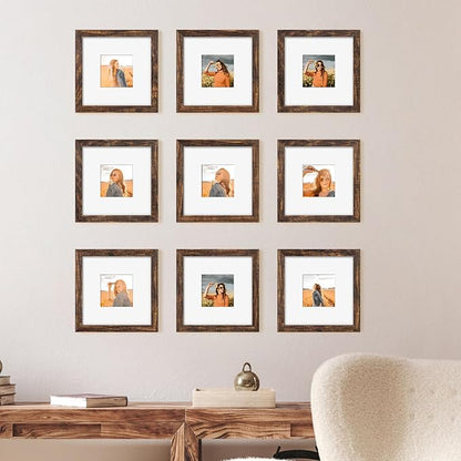 YESKAY 8x8 Picture Frame Set of 9, Photo Gallery Wall Frame Set, Display Pictures 4x4 with Mat or 8 x 8 Without Mat, Square Frame Picture Frames Collage Wall Decor, Rustic Brown
