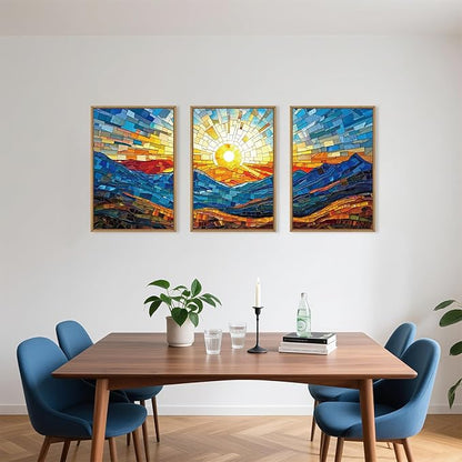 Mountains Framed Canvas Wall Art Set, Modern Abstract Art Painting, Irregular Square Ridge Wall Decor, Sunrise Art Print for Living Room, Bathroom, Bedroom, Office - 24"x36"x3