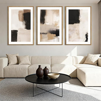 ANHUIB Neutral Abstract Wall Art Beige Modern Wall Decor 16x24 Inch Minimalist Black Paintings Set of 3 for Living Room Bedroom Dining Room