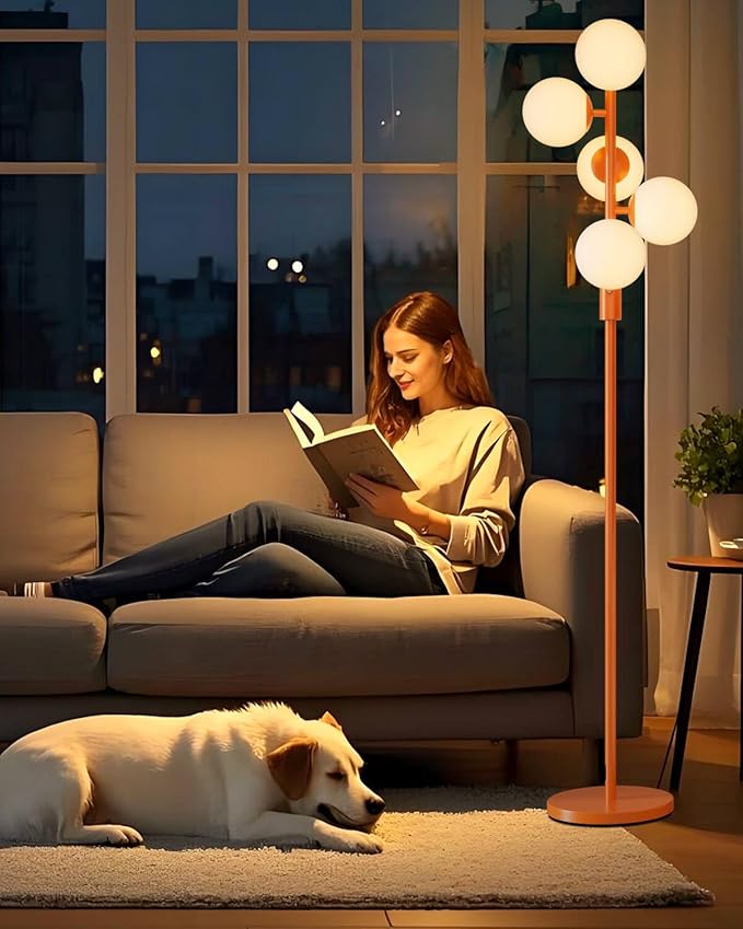 Lightdot 5-Globe Dimmable Globe Floor Lamp Orange Retro Standing Lamps with 5Pcs Bulbs Included Brightness Adjustable Mid Century Modern Floor Lamp with 5Lbs Heavy Base for Living Room/Sofa Beside