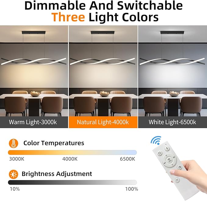 Modern LED Ceiling Pendant Light, 47IN Modern Chandelier with Remote Control 3000k-6500K Adjustable Color Temperature, Aluminum Island Lighting Lamp for Dining Room, Living Room, Island