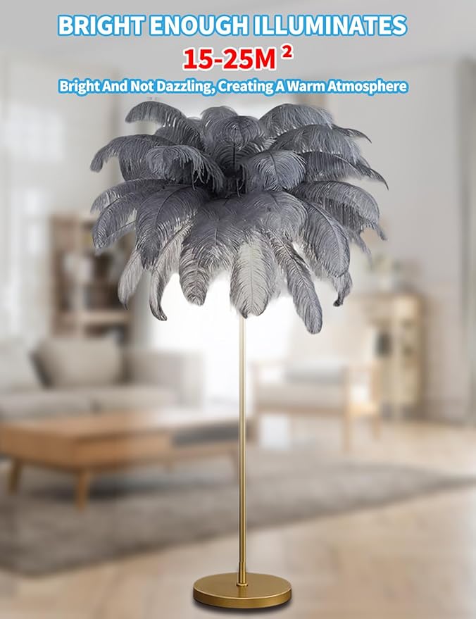 Feather Floor Lamp,Fluffy Ostrich Feather Floor Lamp for Bedroom,3 Color Temperatures Led Corner Modern Floor Lamps for Living Room Christmas Home Decor House Warming Gifts,63″ Height (Grey)