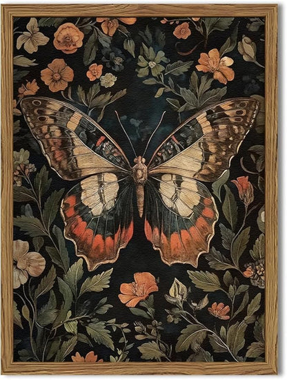 Framed Vintage Butterfly Wall Art, Dark Academia Flowers Insect Pictures Wall Decor Paintings, 3D Textured Sandstone Nature Botanical Prints for Living Room Bedroom Office Home Decor 12x16 inch