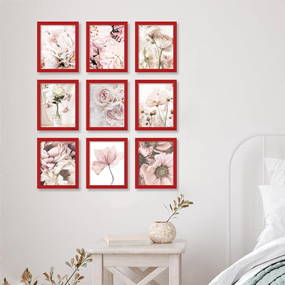 YESKAY 8x10 Picture Frame Set of 9, Display Pictures 5x7 with Mat or 8 x 10 Without Mat, Multi Photo Frames for Wall Mounting or Table Top Display, Red