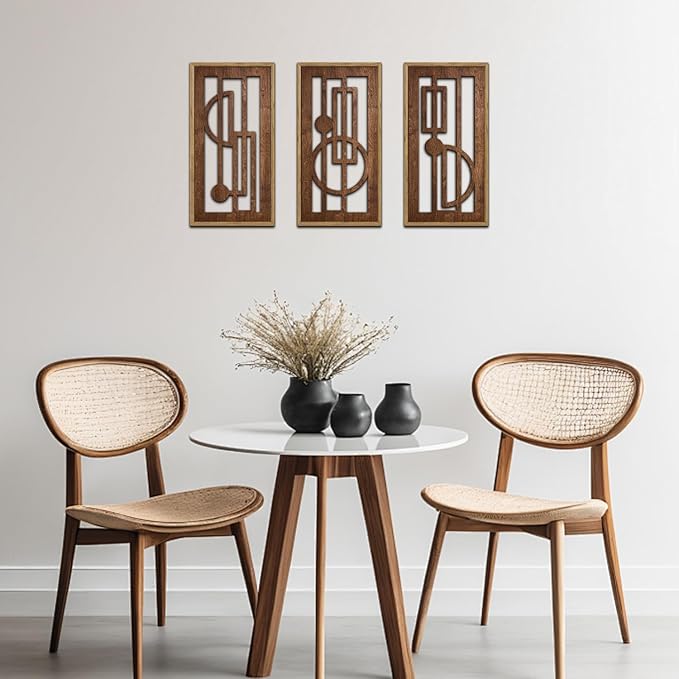 KAIRNE Abstract Geometric Wooden Wall Art Set of 3,Vintage Mid Century Rectangle Wall Sculptures,Rustic Minimalist Artwork,Boho Wood Hanging Decor for Living Room Bedroom Kitchen Office,8X16 inch