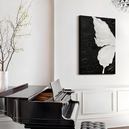JUHOME Abstract Butterfly Canvas Wall Art – 24x36 Original Hand-Painted Black &White Textured Butterfly Wing Oil Painting on Black Canvas, Modern Minimalist Vertical Wall Decor for Living Room Bedroom