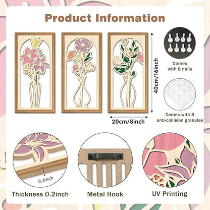 IARTTOP 3 Pcs Boho Flower Vase Wooden Wall Decor Bathroom Floral Farmhouse Decor Botanical Wood Wall Art Spring Flower Artwork for Living Room Bedroom Housewarming Gifts 7.9 x15.8 Inch