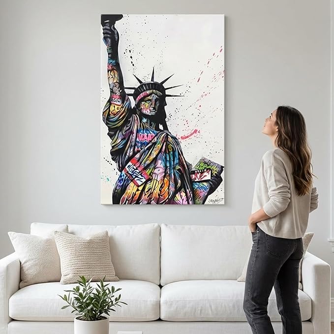 Graffiti Statue of Liberty Canvas Wall Art Large Patriotic USA Wall Decor Colorful American Freedom Street Art Print for Living Room Bedroom Office Ready to Hang 28x44 inch