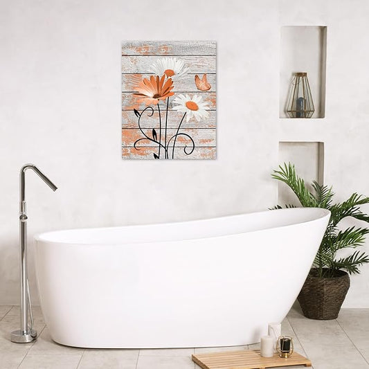 HVEST Vintage Floral Orange Canvas Wall Art Daisy and Butterfly on Farmhouse Wooden Wall Decor for Bedroom, Country Wildflower Framed Wall Art for Living Room Office Dorm Home Decor,24L X 16W inches