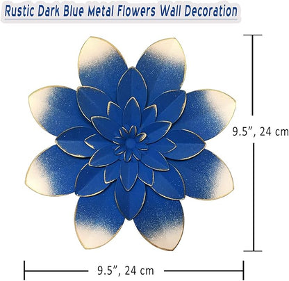 Dark Blue Metal Flower Wall Art Decor, 9.5“ Rustic Modern Floral Sculpture, Distressed Iron Wall Hanging Home Decoration Accent Artworks for Indoor Kitchen Bedroom Living Room Office Outdoor Garden