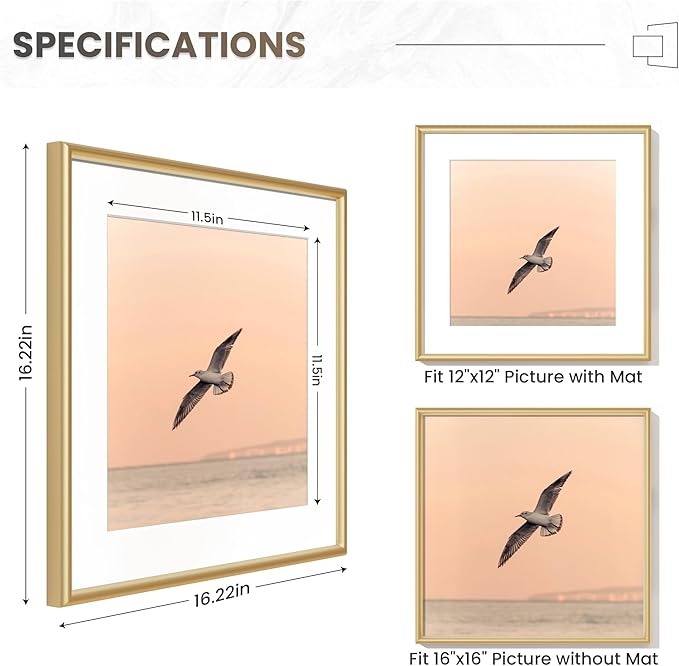 Fun Memories 16x16 Picture Frame Gold, 16" x 16" Aluminum Frame with Mat for 12" x 12", 16x16 Square Metal Frame with Tempered Real Glass, Set of 3