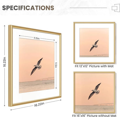 Fun Memories 16x16 Picture Frame Gold, 16" x 16" Aluminum Frame with Mat for 12" x 12", 16x16 Square Metal Frame with Tempered Real Glass, Set of 3