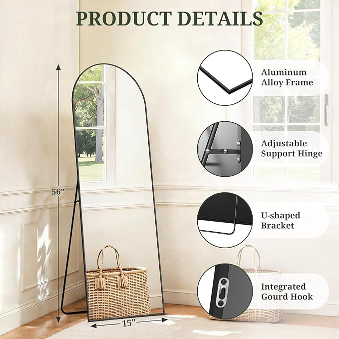 Mirror Full Length 56"x15" Full Body Floor Mirror with Stand, Shatterproof Glass, Aluminum Alloy Frame, Free Standing Wall Mounted or Leaning Arched Mirrors for Bedroom Living Room Entryway