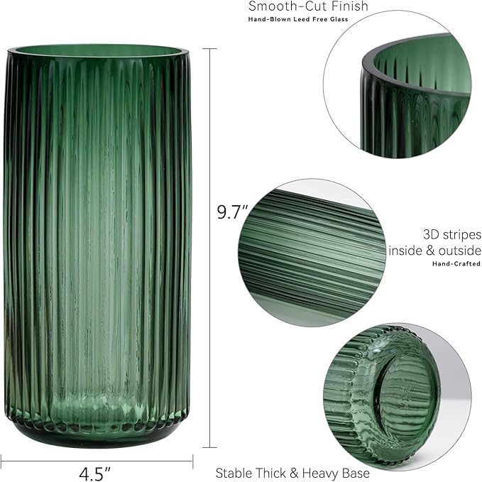 TIMEFOTO Flower Vase 10 inch Green Thickened Hand Blow Glass Vase Round Vintage Striped Bottles for Bookshelf,Dinner Table,Indoor Office Desktop,Meeting Room,Bathroom,Countertop,Home