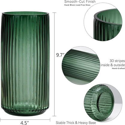 TIMEFOTO Flower Vase 10 inch Green Thickened Hand Blow Glass Vase Round Vintage Striped Bottles for Bookshelf,Dinner Table,Indoor Office Desktop,Meeting Room,Bathroom,Countertop,Home
