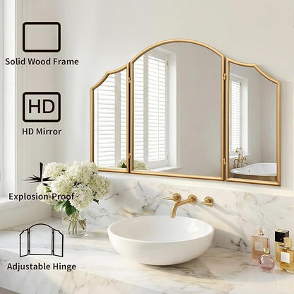 Besdomus Gold Scalloped Vanity Mirror: 36"x24" Large Modern Three Sided Dresser Miror - Minimalist Wood Frame 3 Way Trifold for Bedroom/Cloakroom/Dressing Room - Home Decor for Housewife