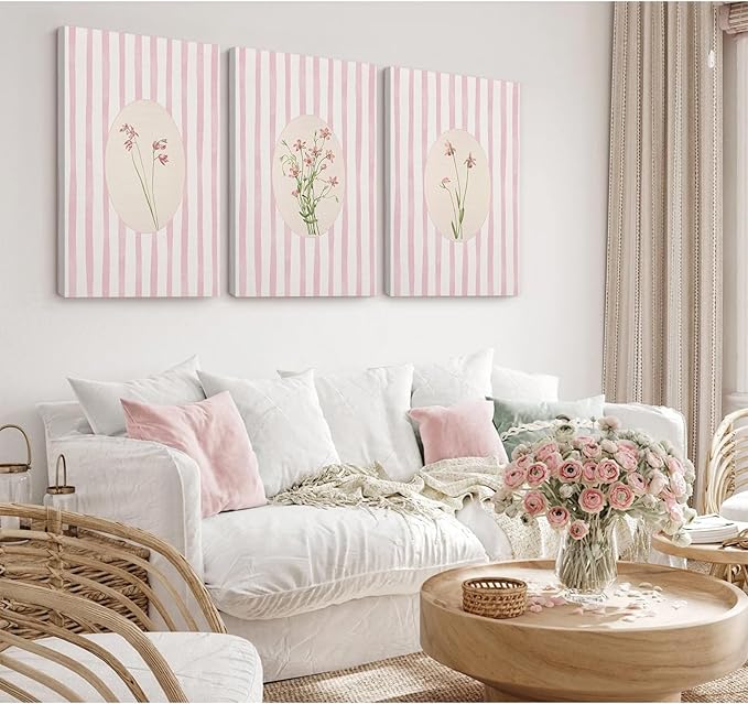Pink Flower Wall Art Striped Floral Prints Botanical Canvas Wall Decor Aesthetic Pictures Pastel Pink Floral Poster Minimalist Flower Painting for Girl Room 16x24 Inch Wrapped Canvas Set of 3