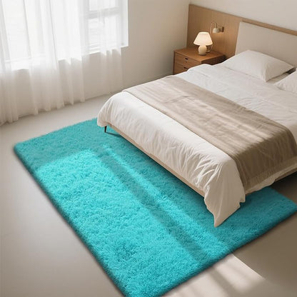 Teal Blue Rug Fluffy Rugs, 5x8 Teal Area Rugs for Bedroom, Soft Cute Baby Play Mat, Indoor Floor Carpet for Teen, Nursery, Preppy Dorm, Plush Aesthetic Bedside Rug
