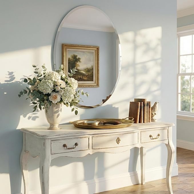 20x28 Inch Oval Frameless Bathroom Mirror with Solid Backing, Beveled Vanity Wall Mirror for Over Sink, Modern Mirror for Powder Room, Entryway