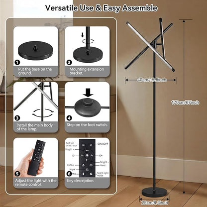 LED Dimmable Floor Lamp with Remote & Foot Switch, 2700–6000K Adjustable Color Temperature & Stepless Dimming, 3-Bar Linear Tall Standing Lamp, Slim Black Corner Floor Lamp for Living Room Bedroom