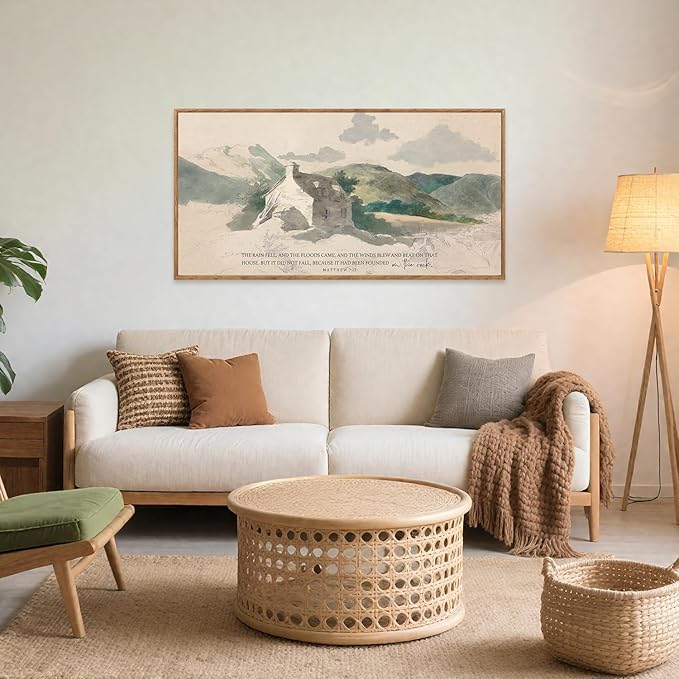 Aurlan House Built on the Rock Matthew 7:25 Wall Art(40"x20"), Boho Jesus Christian Bible Verse Scripture Canvas Artwork, Large Vintage Abstract Mountain Nature Landscape Decor for Home Dining Room Christ Gift