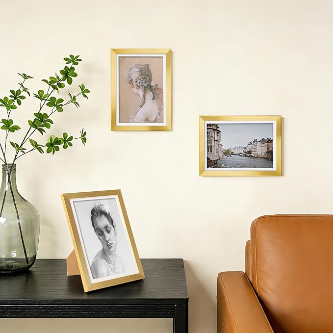 Fixwal 5x7 Picture Frame Set of 6 with Shatter Resistant Plastic Glass, Thin Border and Light Weight Photo Frames for Wall or Tabletop Display, Gift for Mother's Day, Father's Day, Graduation, Gold