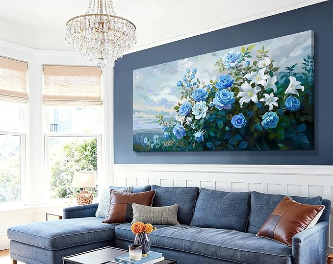 Nicetop Extra Large Floral Canvas Art for Living Room – Elegant Botanical Wall Picture with White Lilies, Blue Roses & Green Leaves – Horizontal Nature Artwork for Bedroom, Office, Kitchen, 58x29 Inch