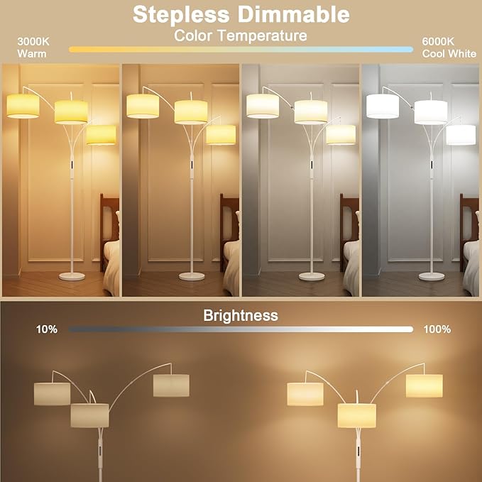 SIBRILLE 36W Dimmable Floor Lamp - 3 Lights Arc Floor Lamps Standing Lamp with Remote & Touch Control, Tall Lamp for Living Room Corner, Bedroom, Office