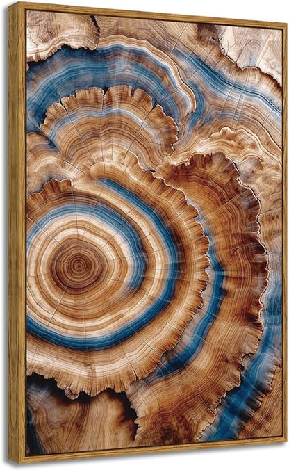BingruiArt Large Framed Tree Ring Wall Art Wood Canvas Colorful Boho Wall Decor Rustic Artwork Abstract Painting Farmhouse Picture Nature Print for Living Room Bedroom Bathroom 24"x36" Natural Framed(10)