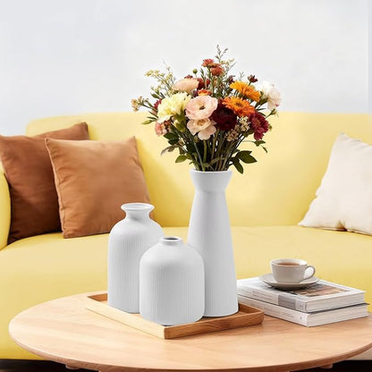 White Ceramic Flower Vases Set of 3, Valentine's Day Gift Vases with Vertical Stripe Texture, Modern Decorative Vases for Dried Flowers, Home Decor Vase for Living Room Bedroom Kitchen Shelf