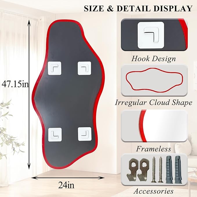 Irregular Tempered Glass Mirror, 47.2"x24" Asymmetrical Wall Mirror, Modern Abstract Frameless Mirrors for Living Room Bathroom Bedroom Hallway Entryway, Horizontal or Vertical Hanging