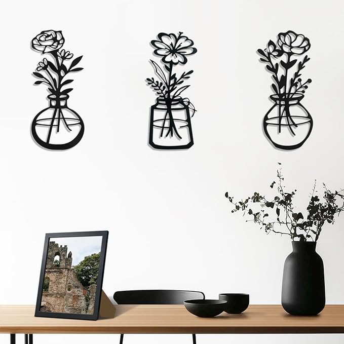 Lcaughsy Metal-Wall-Decor Living Room - 3 Pcs Metal Bathroom Wall Art Floral Vase and Picture Frame for Decoration- Hanging Display Wall Decor Art for Home Dining Room Bedroom Kitchen Farmhouse,Black