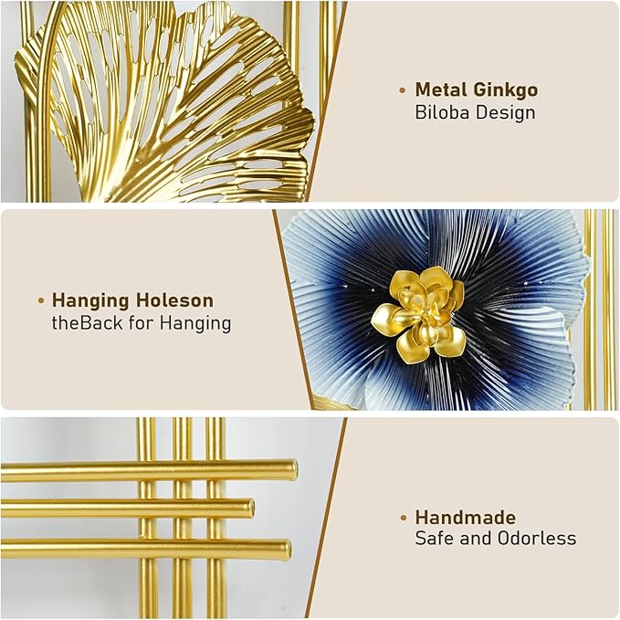 Metal Wall Art Decor 2 Pcs 34" x 15" 3D Wall Sculpture Handmade Golden Ginkgo Leaf Blue Flower Hanging Home Decor Wall Sculpture Modern for Living Room, Bedroom, Dining Room, Office and Hotel Large