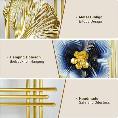 Metal Wall Art Decor 2 Pcs 34" x 15" 3D Wall Sculpture Handmade Golden Ginkgo Leaf Blue Flower Hanging Home Decor Wall Sculpture Modern for Living Room, Bedroom, Dining Room, Office and Hotel Large