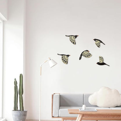 Vumyhuby 5 Pcs Black Wooden Bird Wall Art | Rustic Folk Art Wall Decor for Indoor Use | Handcrafted Wood Flying Birds Wall Hangings for Living Room, Bedroom, Kitchen, Office | Scandinavian Home Decor Gift