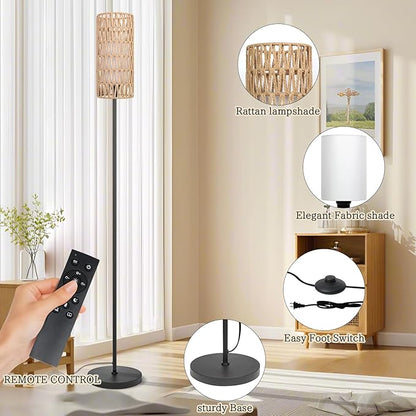 Ruiever Floor Lamp for Living Room,Farmhouse Floor lamp,Modern Standing lamp with Hand-Worked Rattan Shade (Double Shade-with Remote)