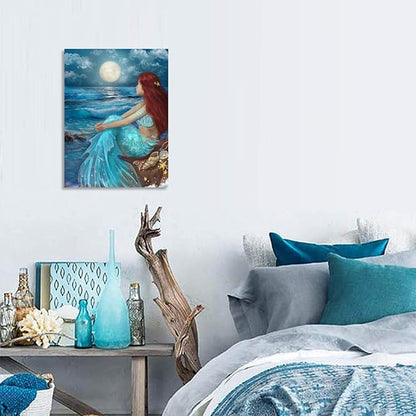 SDYA Girl Wall Decorations Blue Ocean Wall Art Bedroom Decor for Women Moon Night Wall Painting Shell Canvas Prints Size 12"x 16"