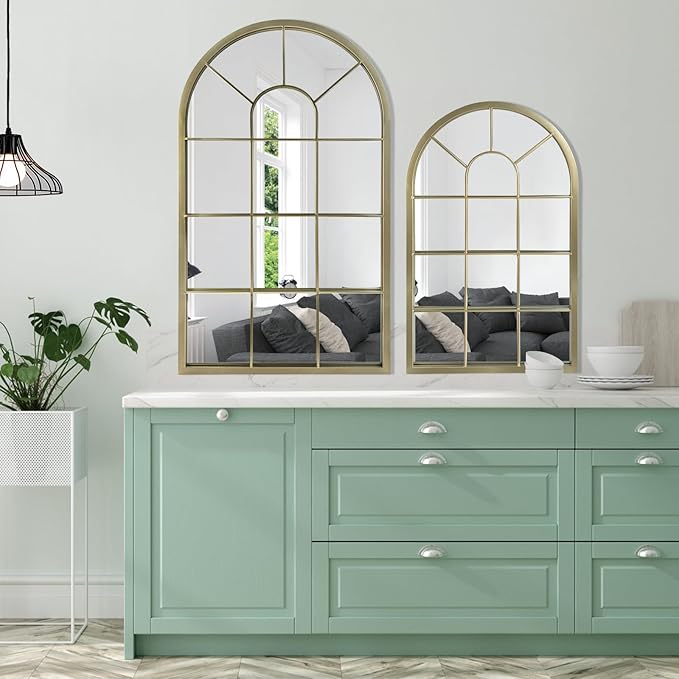 HQiJun Wall Mirror Window Decorative Mirrors Arched Farmhouse for Living Room Bedroom Entryway Bathroom Vanity(Gold,31.5” x 20” x 1”)