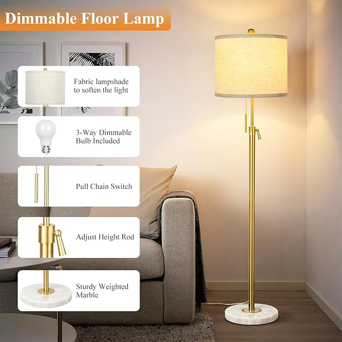 Qingmiao Modern Floor Lamp for Living Room, Adjustable Height Standing Lamp with Marble Base, Gold Tall Pole Light with Linen Shade for Reading Bedroom, Chain Switch, 8W 3-Way Dimmable Bulb Included