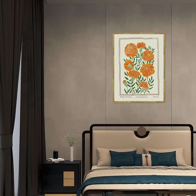 Large Gold Framed Vintage French Marigold Botanical Wall Art Retro Floral Canvas Painting Print Stylish Birth Flower Pictures Farmhouse Artwork for Bedroom Home Garden-Inspired Decor 24x36inch