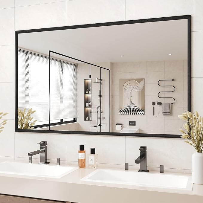 JISOSO Rectangle Bathroom Mirror 60x36 Inch, Matte Black Framed, 4MM Tempered Glass, Anti-Rust, Wall-Mount Vanity Mirror for Bathroom & Bedroom, Hangs Horizontally or Vertically