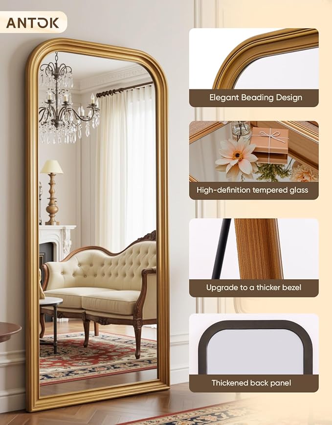 Antok 71"x32" Oversized Full Length Mirror, Extra Large Floor Mirror Freestanding or Wall-Mounted Mirror for Bedroom, Living Room, Cloakroom, Gold