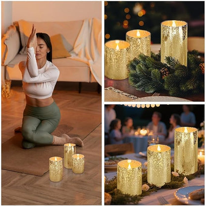LEDHOLYT Rechargeable Flameless Candle, Flickering LED Pillar Glass Fake Candle with Remote and Timer, Built-in Battery Real Wax Electronic Candle for Room Decoration, Set of 3