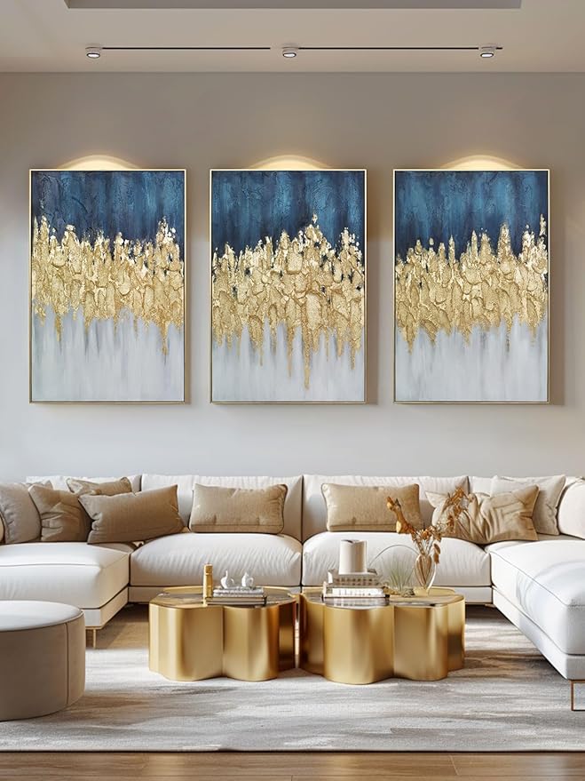 Zessonic Abstract Wall Art Hand-Textured Modern - Set of 3, Emerald Green Blue and Gold - 24x36inch, Framed