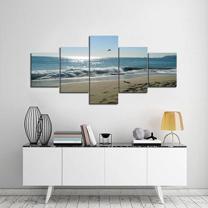 Beach Wave Ocean Painting on Canvas 5 Piece Wall Art Modern Landscape Scenery Posters and Prints Pictures for Living Room Bedroom Gallery-wrapped Canvas Art Set Framed (50''W x 24''H)